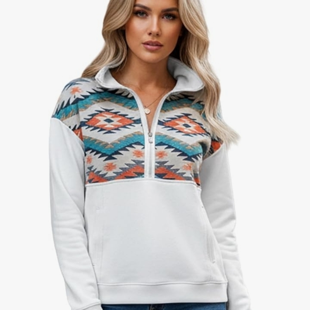 Aztec Print Half-Zip Pullover Sweatshirt - White